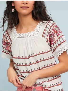 Maeve White Crochet Square-Neck Blouse with Pink Floral Embroidery